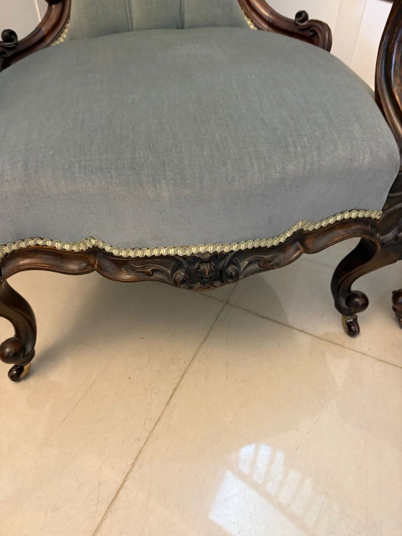 Outstanding Quality Pair of Antique Victorian Carved Walnut Ladies and Gentlemen’s Chairs - Image 11